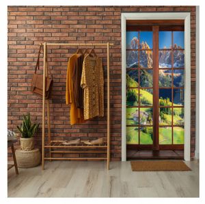 Türtapete Selbstklebend Türposter Fenster Alpen - 91x211 cm einteilig - Fototapete für Tür Wohnzimmer Küche Badezimmer Türaufkleber Türfolie UV-Beständig Montagefertig