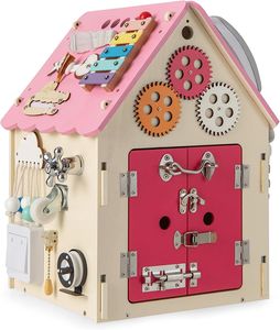 COSTWAY Detský drevený domček na hranie, vzdelávací domček na hranie so zmyslovými hrami a úložným priestorom, Montessori hračka na zmyslové učenie pre jemnú motoriku, kocka na aktivity pre deti od 3 rokov (ružová)