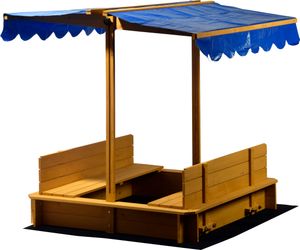 dobar Sandkasten mit schwenkbarem Dach, Sitzbänke, Bodenplane, verschließbare Sandkiste aus Holz für Kinder, 120 x 120 x 120 cm, hellbraun