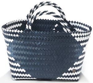 Kobolo Tasche Einkaufskorb geflochten Kunststoff Shopper - MALIA XXL - blau weiß