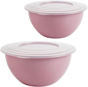 2er Set Kunststoff Salatschüsseln Rührschüssel Pastellrosa mit Deckeln 5 Liter