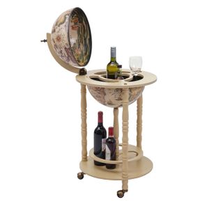 Globe Bar HWC-D83, Minibar House Bar Stojan na víno, Globe Ø 33 cm na kolečkách Eukalyptové dřevo MVG  přírodní hnědá barva