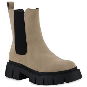 VAN HILL Damen Plateau Boots Stiefeletten Profil-Sohle Stiefel Schuhe 839534, Farbe: Khaki Velours, Größe: 38