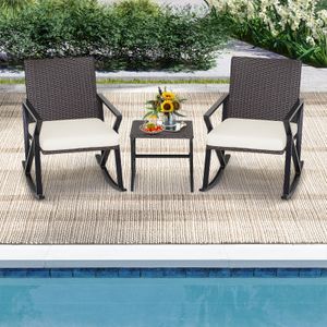 COSTWAY 3TLG. Gartenmöbel-Set aus PE-Rattan, 2 Schaukelstühle mit Kaffeetisch & Sitzkissen, Terrassenmöbel Balkonmöbel Sitzgarnitur für Garten, Terrasse, Balkon