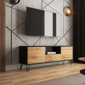 Selsey TV-Lowboard PLOYSTEA - TV-Schrank in Schwarz / Wotan Eiche mit offenem Fach und 3 geschlossenen Fächern, modern, 137 cm breit