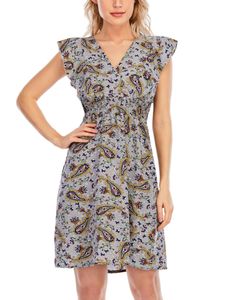 Damen Sommerkleider Boho Kleid V-Ausschnitt Kleider Strandkleid Rüschen Blumenkleid Graue Cashewblume Blume,Größe S