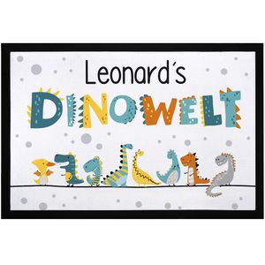Fußmatte Kinderzimmer Dinowelt personalisiert mit Name Türvorleger Kind Dinosaurier rutschfest & waschbar SpecialMe® weiß 60x40cm