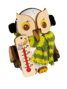 Drechslerei Kuhnert - Dekofigur Mini Eule mit Thermometer - Größe ca. 7cm - 37347