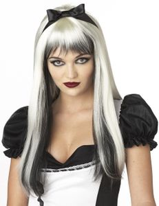 Halloween Langhaar Perücke mit Strähnen weiß-schwarz