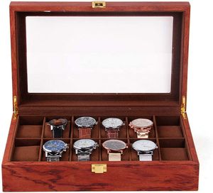 12 Zellen Uhrenbox Gitter aus Holz und Samtstoff Vintage Uhrenschatulle Uhrenbox Uhrenkasten Geschenke Uhrenschachtel