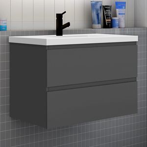 Badezimmermöbel 80cm CINIC-Serie Mineralguss Waschtisch mit Unterschrank Hängeschrank Badezimmerschränke mit 2 Schubladen Anthrazit