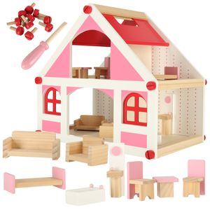 KIK - Puppenhaus aus Holz weiß und rosa + Möbel 36cm