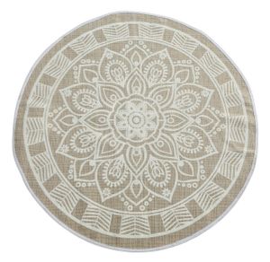 Teppich Ø 110 cm beige weiß rund boho Mandala Muster runder Bodenteppich indoor Motiv 1