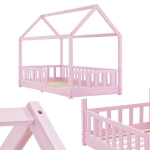 Juskys Kinderbett Marli 90 x 200 cm - Rausfallschutz, Lattenrost & Dach - Holz Rosa