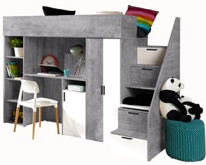 Etagenbett für Kinder Konkret 14 Stockbett mit Treppe, Kleiderschrank und Schreibtisch (Beton + Weiß)