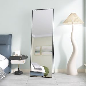 Fortuna Lai stojící zrcadlo v plné délce se zlatým kovovým rámem 165x60cm, HD velké šatní zrcadlo obdélníkové vysoké zrcadlo do obývacího pokoje nebo šatny, černé