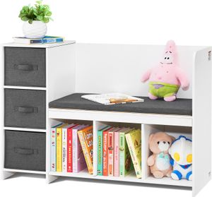 VEVOR Lesebank für Kinder, Bücherregal und Bücherschrank für Kleinkinder mit abnehmbarem Sitzkissen, Aufbewahrungsbank mit 6 Fächern und 3 Schubladen, ideal für Spielzimmer Schlafzimmer