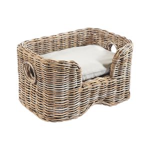 Kobolo Tierbett Tierkorb Körbchen für Hunde und Katzen - FURRY - Rattan kubu grey - mit Kissen