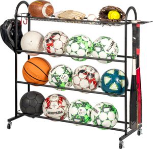 eluno Sportball-Aufbewahrungsständer mit stabilen Ablageflächen, Baseballschlägerhalter und Haken, Ballständer zur Aufbewahrung von Fußbällen, Volleybällen, Basketbällen, Handbällen aus schwarzem Stahl