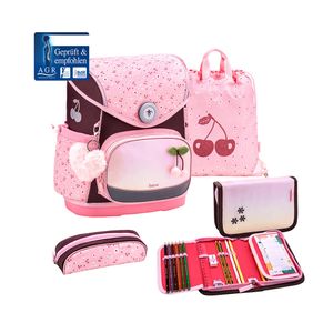 Belmil Premium ergonomischer Schulranzen Set 5 -teilig für Mädchen 1-4 Klasse Grundschule//Brustgurt/Magnetverschluss/Rosa, Braun (405-41/P Cherry Blossom)