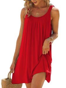 Damen Ärmellose Kurze Minikleider Plissiert Strand Sonnenkleid Lässig Breite Tank Kleid Rot,Größe:M