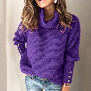 Damen Rollkragen Winter Warmer Pullover Elastischer Strick Oberteile Knöpfe Langen Ärmeln T-Shirt Violett, Größe:M