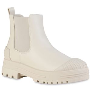 VAN HILL Damen Stiefeletten Chelsea Boots Blockabsatz Profil-Sohle Schuhe 839381, Farbe: Creme, Größe: 40
