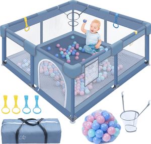 YUENFONG Laufstall Baby, Laufgitter baby 150x180cm, Absperrgitter mit atmungsaktivem Netz Schutzgitter Krabbelgitter für Kinder, Kind Playpen Set Mit Kugel Sicherheitsspielplatz Ställe-Grau