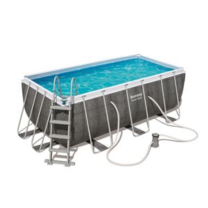 Bestway® Power Steel™ Frame Pool Set mit Filterpumpe 412 x 201 x 122 cm, Rattan-Optik (Schiefergrau), eckig