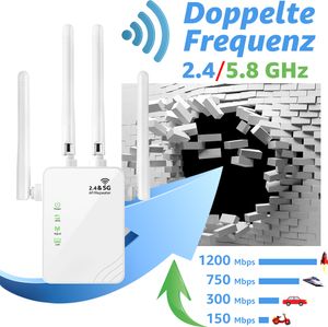VSIUO WLAN Verstärker Repeater 2,4/5,8 GHz 1200 Mbps, WiFi Extender Booster mit 4 Antennen, Lan Port, 3 Modus, WPS, Amplifier bis zu 300 m², Weiß