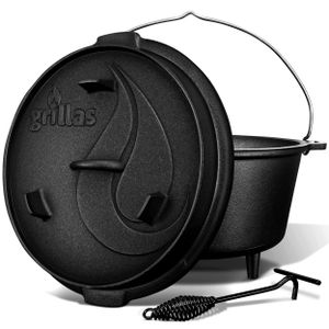 grillas® Dutch Oven Set 13,6 Liter / Topf mit Füße Deckelheber BBQ Gusseisen Feuertopf Gusstopf Schmortopf