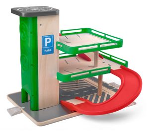 Woody Garage mit Aufzug und SIKU-Spielzeugautos - Holz / Kunststoff