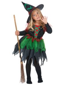 Freches Hexen-Kostüm für Mädchen Halloween-Kostüm schwarz-rot-grün
