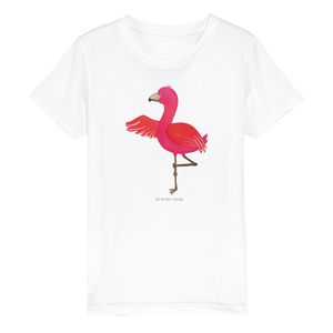 Mr. & Mrs. Panda 9-11 Jahre (134/146) Organic Kinder T-Shirt Flamingo Yoga - Weiß - Geschenk, Baum, Achtsamkeit, Kinder T-Shirt Jungen, Rosa, Yoga-Übung, Yoga Urlaub