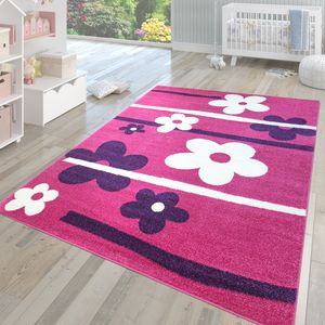 Kinderzimmer Teppich Kurzflor Modernes Mehrfarbiges Motiv Pink Blumen Größe 160x220 cm