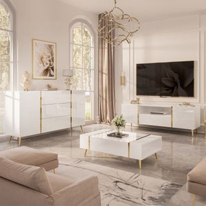 ONYX Wohnzimmerset auf goldenen Beinen Weiß / Weiß hochglanz