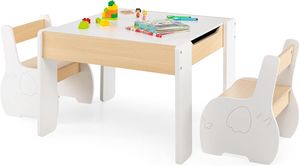 COSTWAY 3tlg. Kindersitzgruppe aus Holz, 4-in-1-Kindertisch mit 2 Stühlen & Abnehmbarer Tafel, Kindermöbel-Set mit Stauraum für Spielzimmer, Kindergarten (Weiß)