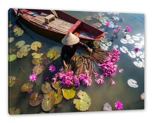 Wasserlilienernte mit Boot in Vietnam als Leinwandbild / Größe: 60x40 cm / Wandbild / Kunstdruck / fertig bespannt
