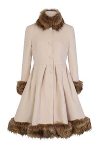 Hearts & Roses retro Winter Swing Mantel Elsie Coat mit Kunstpelz Besatz, Größe:M, Farbe:beige