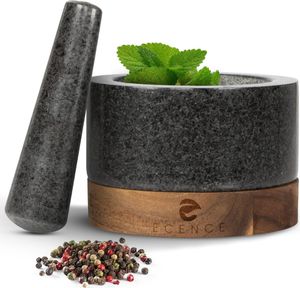 ECENCE Mörser mit Stößel aus Granit & Akazienholz Ø15,5cm Massiver Steinmörser für Kräuter & ECENCE Mörser mit Stößel aus Granit & Akazienholz Ø15,5cm Massiver Steinmörser für Kräuter &
