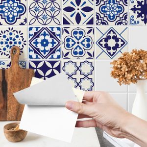 Fliesenaufkleber Klebefliesen Selbstklebende Fliesen für Küche Bad Möbel Schrank Wand Mosaikfliesen Küchenruckwand Blau marokkanisches Mosaik Ornamente Br. 90cm x Hö. 60cm