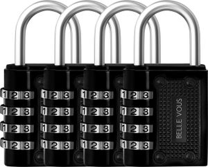 Belle Vous Zahlenschloss Vorhängeschloss Set Zahlenschloss 4 Stellig Schwarz (4Stk) – 4,8 x 4 x 1,6 cm - Schloss mit Zahlencode Wetterfest Innen/Außen