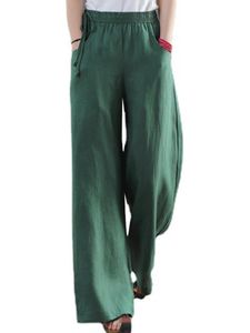 Damen Leinen Hose Weitem Bein Sommerhose Baumwolle Leinenhose Strandhose mit Taschen Grün,Größe:S