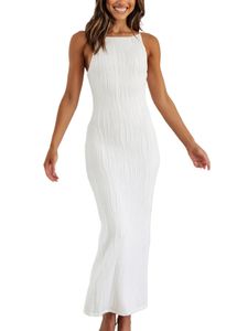 Damen Maxikleider Bodycon Ärmellose Kleider Bohemian Lang Kleid Elegant Sommerkleid Weiß,Größe M