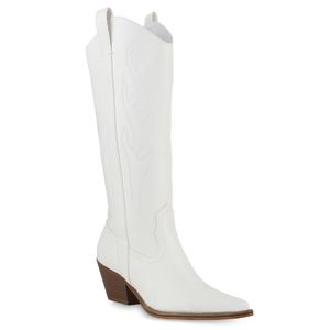 VAN HILL Damen Leicht Gefütterte Cowboystiefel Stiefel Stickereien Schuhe 839870, Farbe: Weiß, Größe: 40