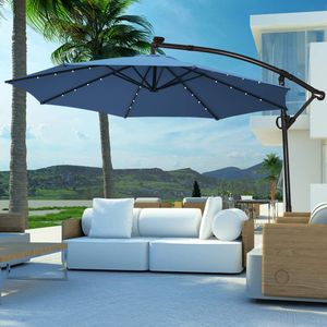360° Drehbar Sonnenschirm 300 cm, Gartenschirm neigbar mit 32 Lichter & Kurbel, UV-Schutz & Ständer, Ampelschirm 8 Schirmrippen für Balkon (Blau)