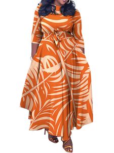 Damen Etuikleider 3/4 Ärmel Maxikleid Ruffle Große Größe Kleider mit Gürtel Sommerkleid Orangefarbene Blätter,Größe L