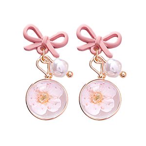 Damen-Ohrringe mit Schleife, Kirschblüten-Blume, Glaskugel, baumelnd, Schmuck, Geschenk-Rosa