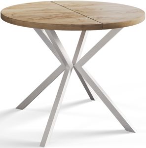 Okrúhly jedálenský stôl LOFT LITE, rozkladací priemer stola: 90 cm/170 cm, farba stola v obývacej izbe: hnedá, s kovovými nohami v bielej farbe