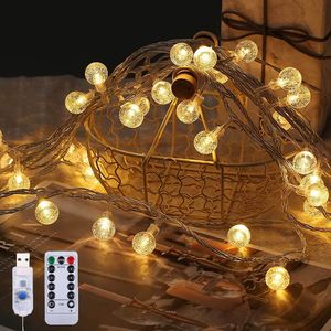 5m LED Kristall Kugel Lichterkette 8 Lichtmodi USB mit Fernbedienung Party Weihnachten Deko, Warmweiß